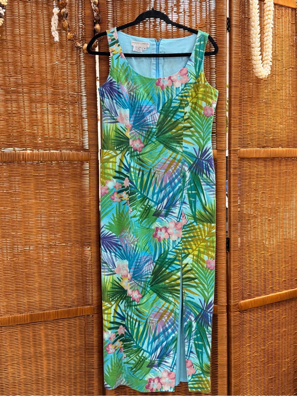 Vintage Maggie London Aqua Tropical Leaf Print Dress